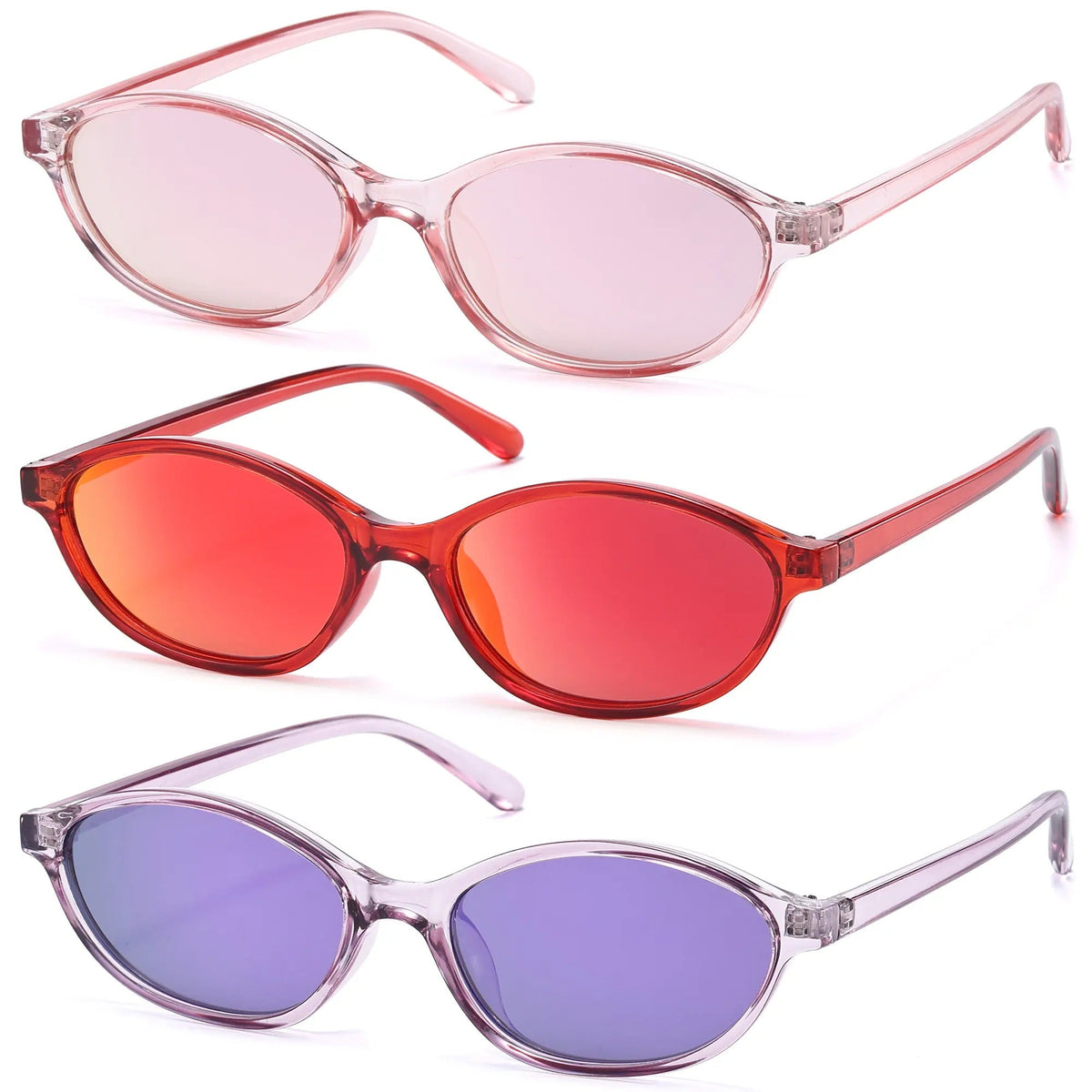 Pink, red, and purple mirrored retro oval sunglasses 3-pack