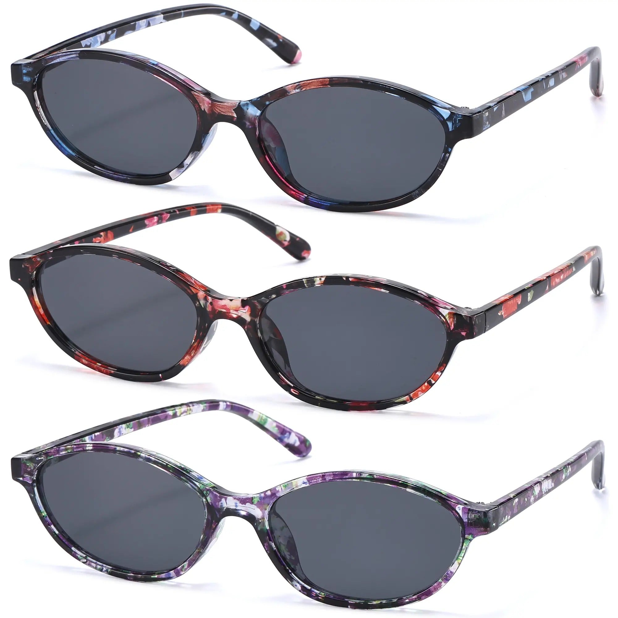 Blue floral, red floral, and purple floral retro oval sunglasses 3-pack