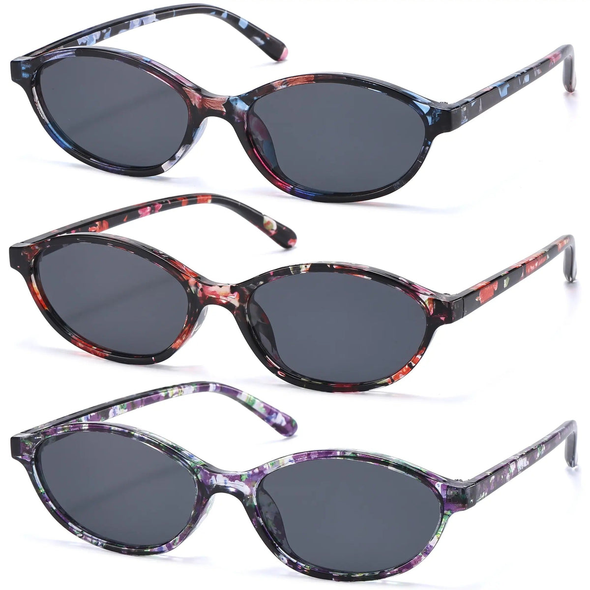 Blue floral, red floral, and purple floral retro oval sunglasses 3-pack